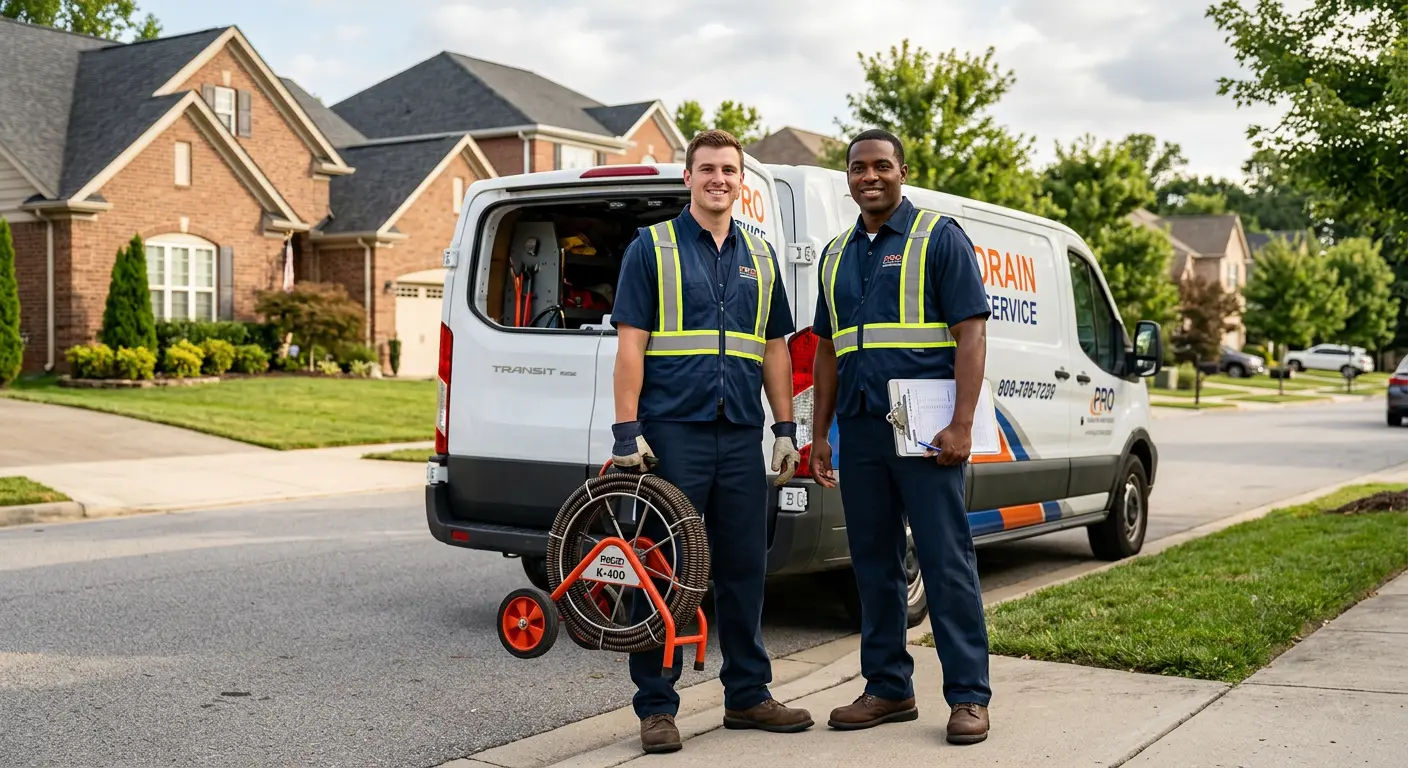 Sewer and drain service team with equipment ready for work in Zion