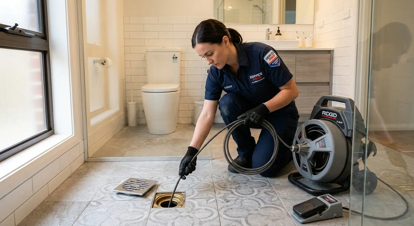 Technician clearing a bathroom floor drain for Hydro Jetting in Zion